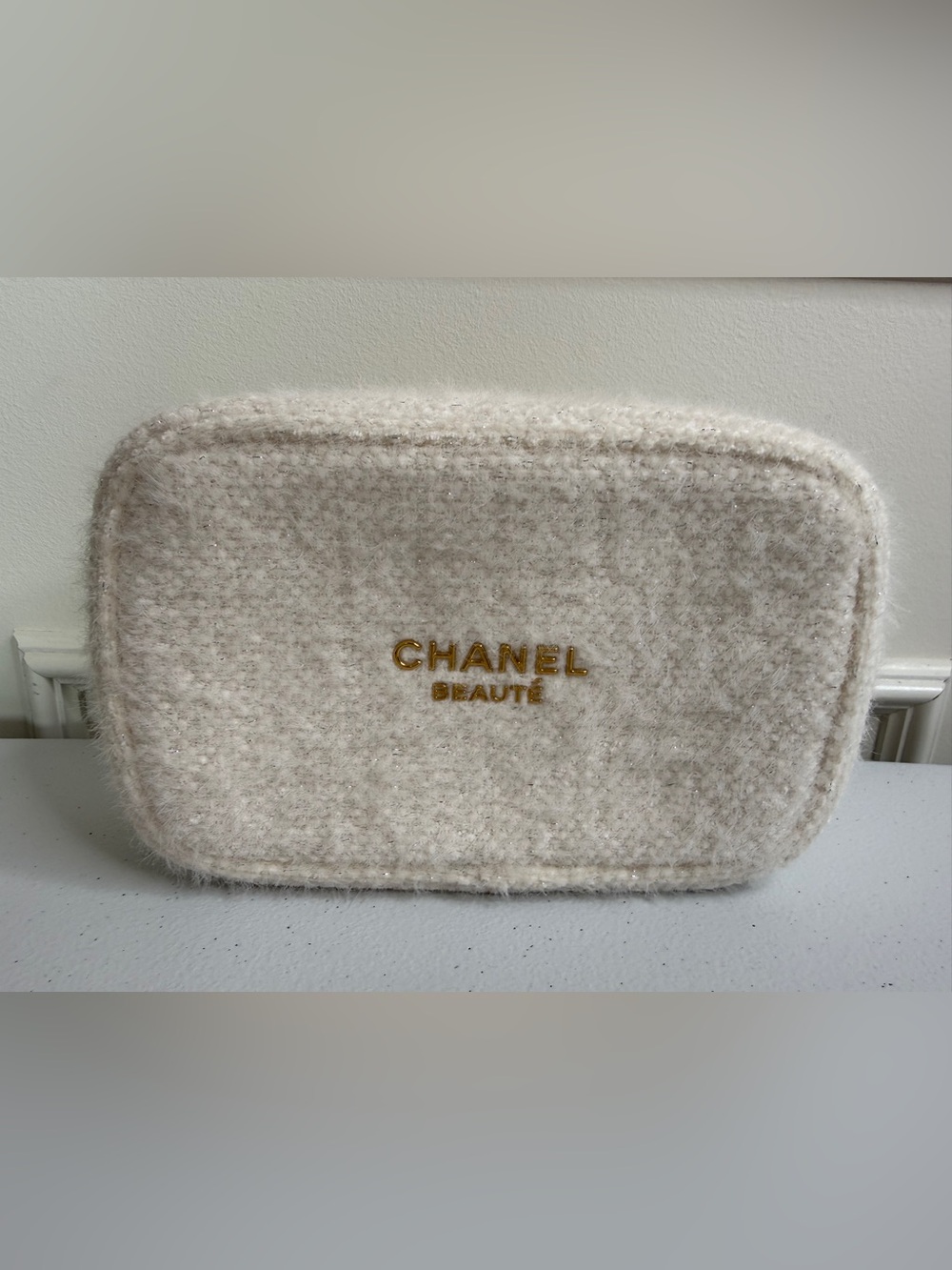 CHANEL Holiday Cream Textured Beauty Pouch with Gold Logo
